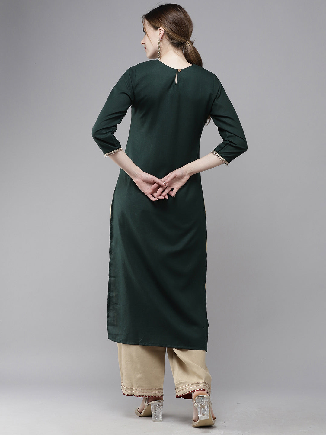 Indo Era Green Solid Straight Kurta