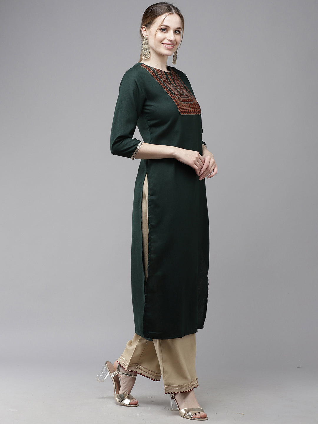 Indo Era Green Solid Straight Kurta