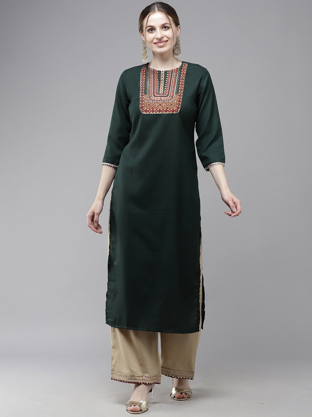 Indo Era Green Solid Straight Kurta