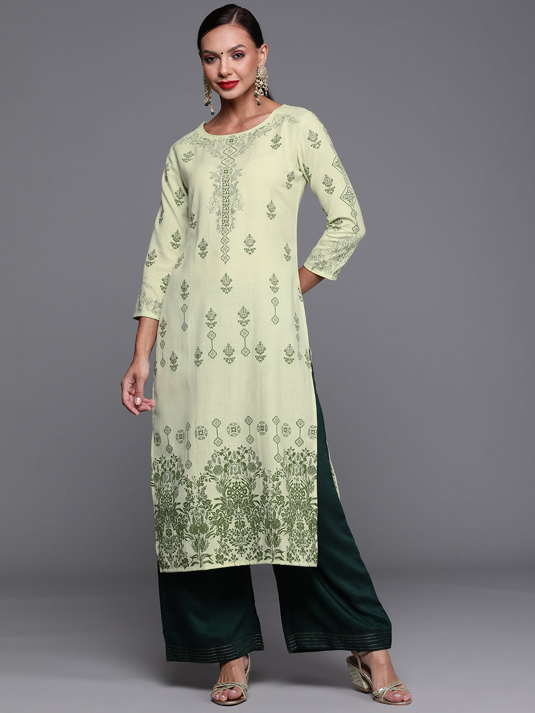 Indo Era Green Foil Printed Straight Kurtas