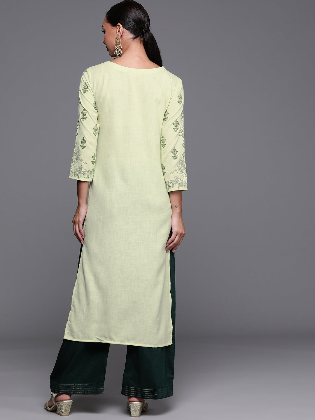 Indo Era Green Foil Printed Straight Kurtas