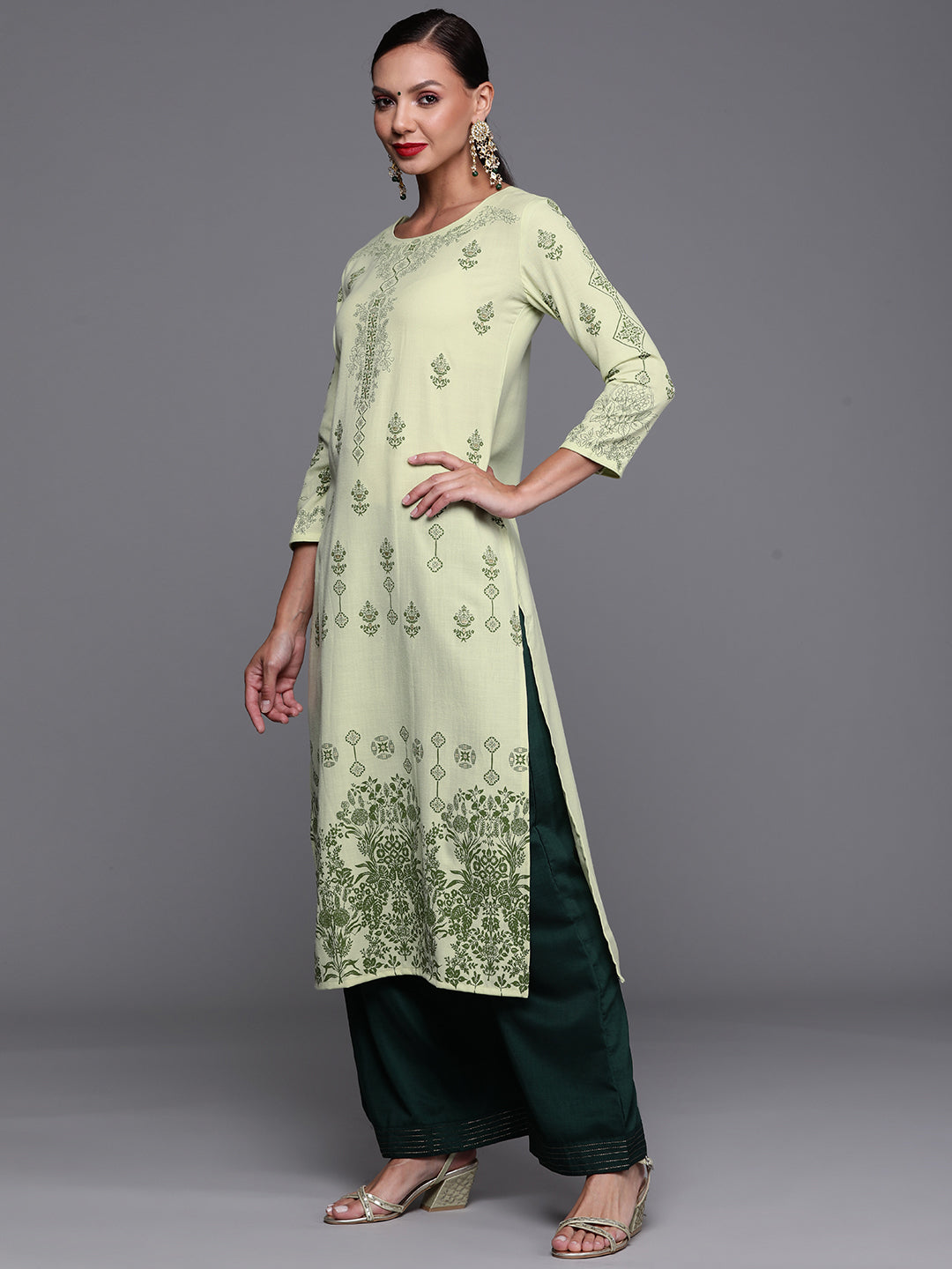 Indo Era Green Foil Printed Straight Kurtas