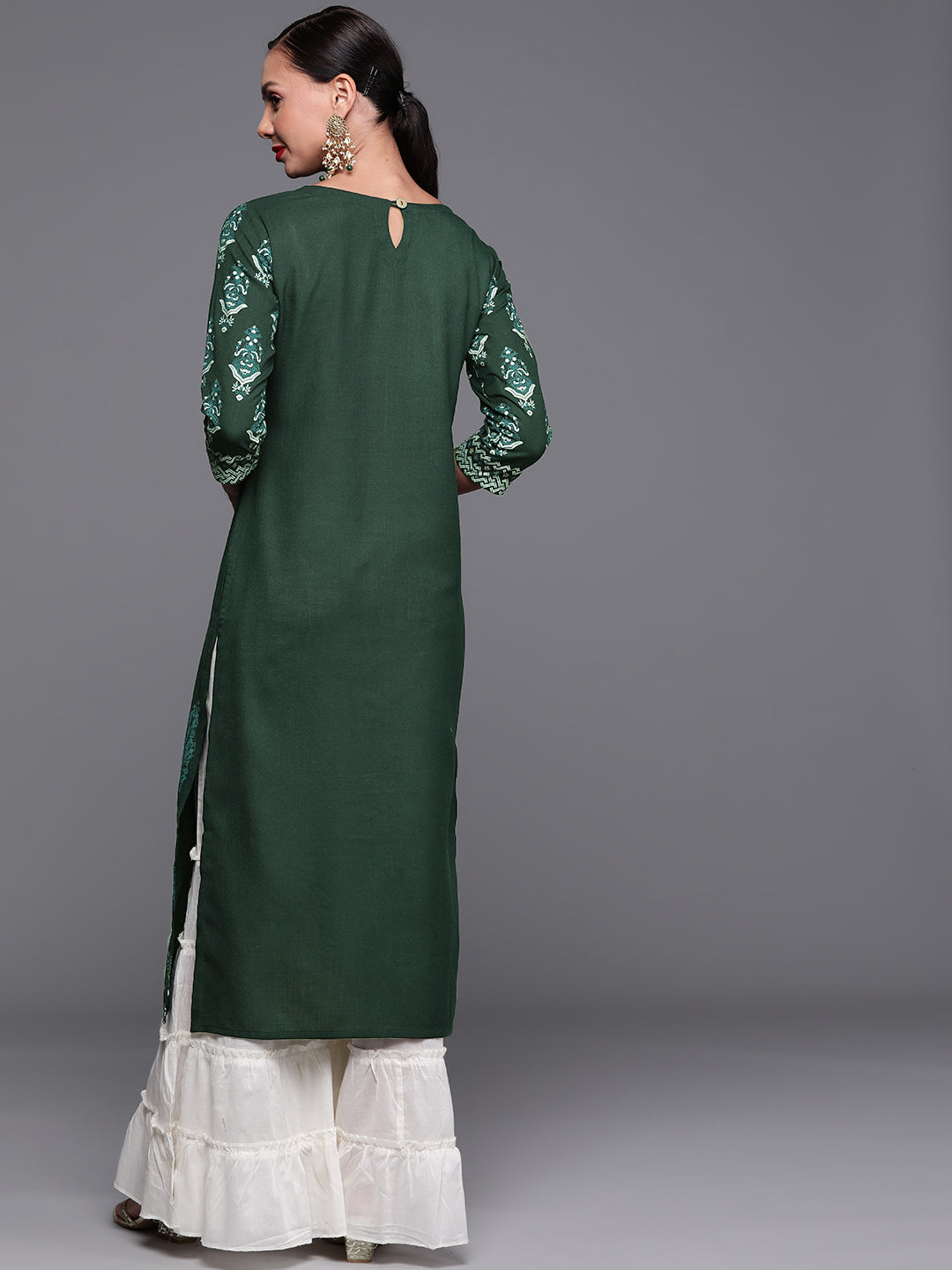 Indo Era Green Foil Printed Straight Kurtas