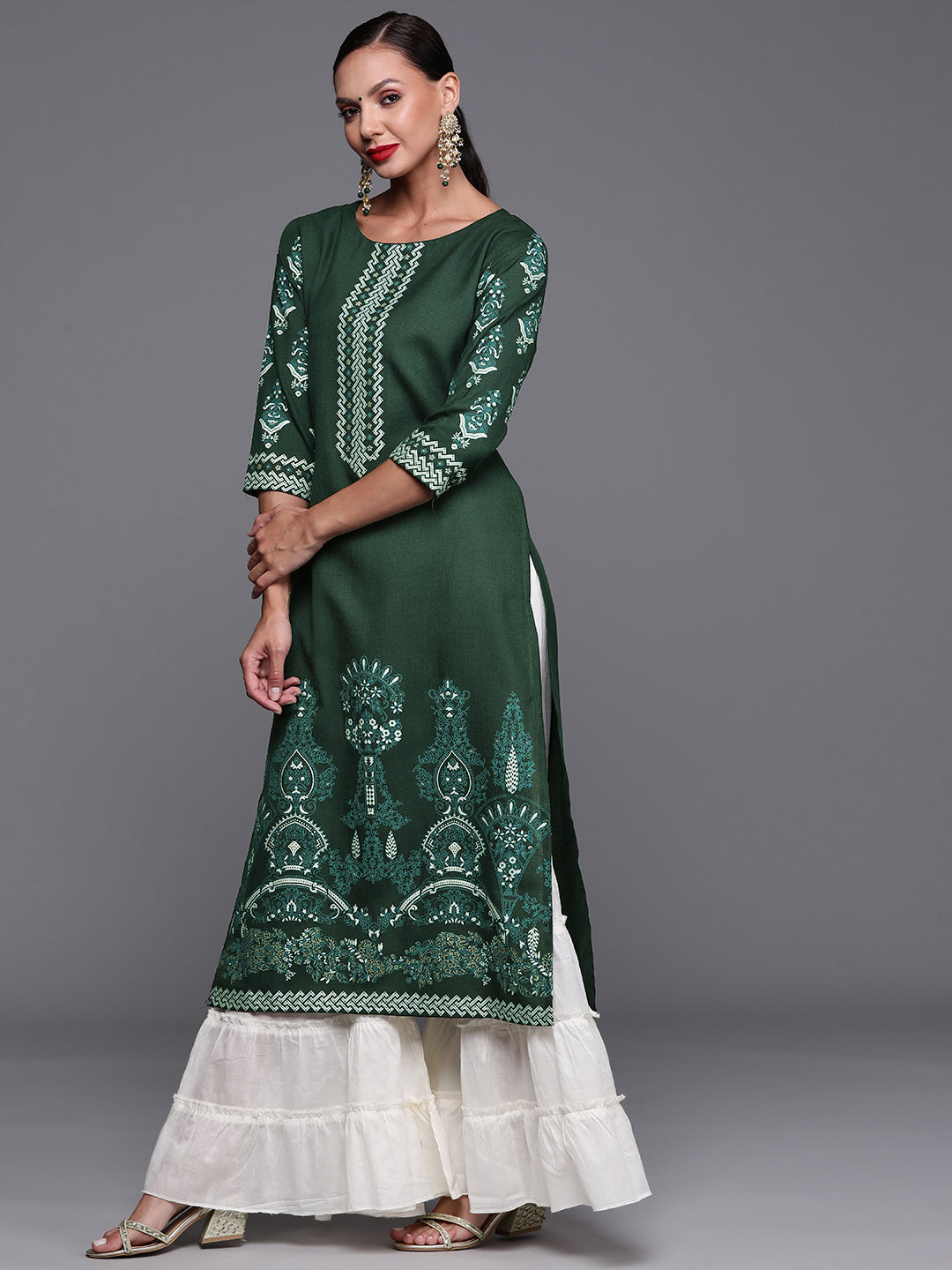 Indo Era Green Foil Printed Straight Kurtas