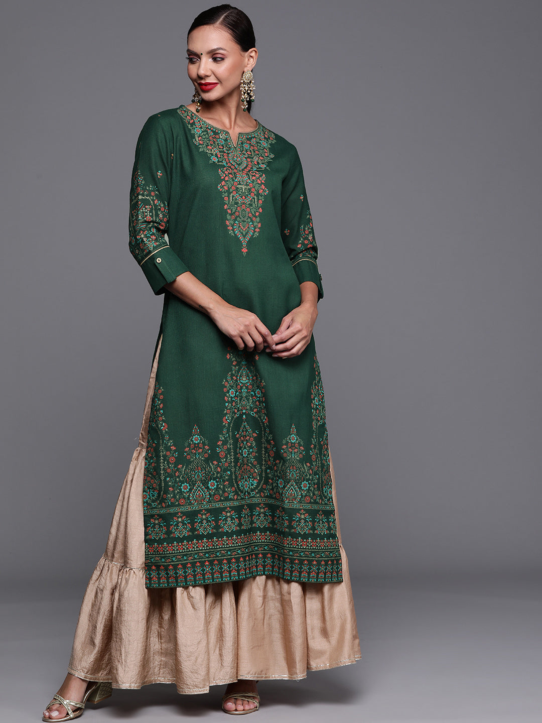 Indo Era Green Foil Printed Straight Kurtas