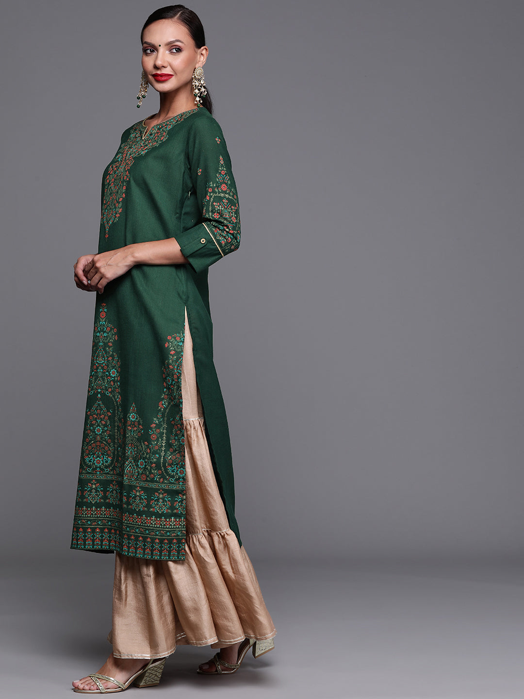 Indo Era Green Foil Printed Straight Kurtas