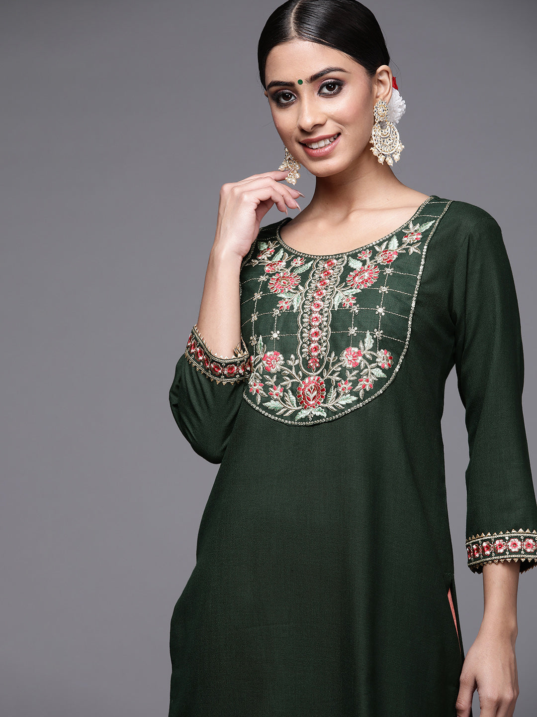 Indo Era Green Solid Straight Kurtas