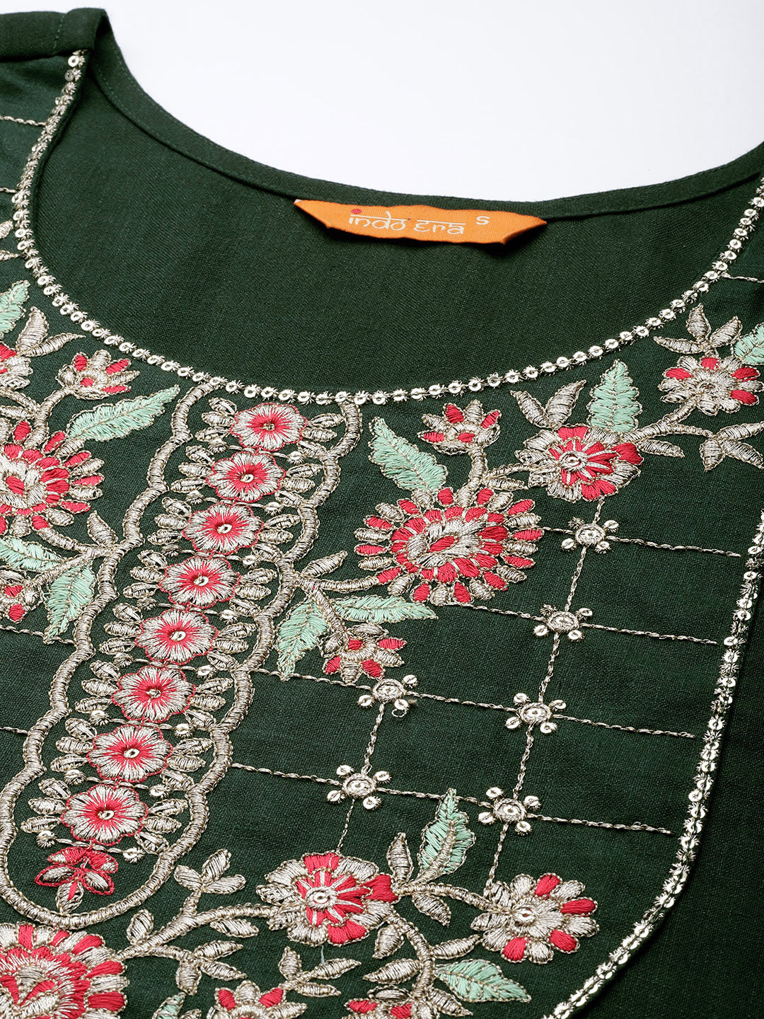 Indo Era Green Solid Straight Kurtas