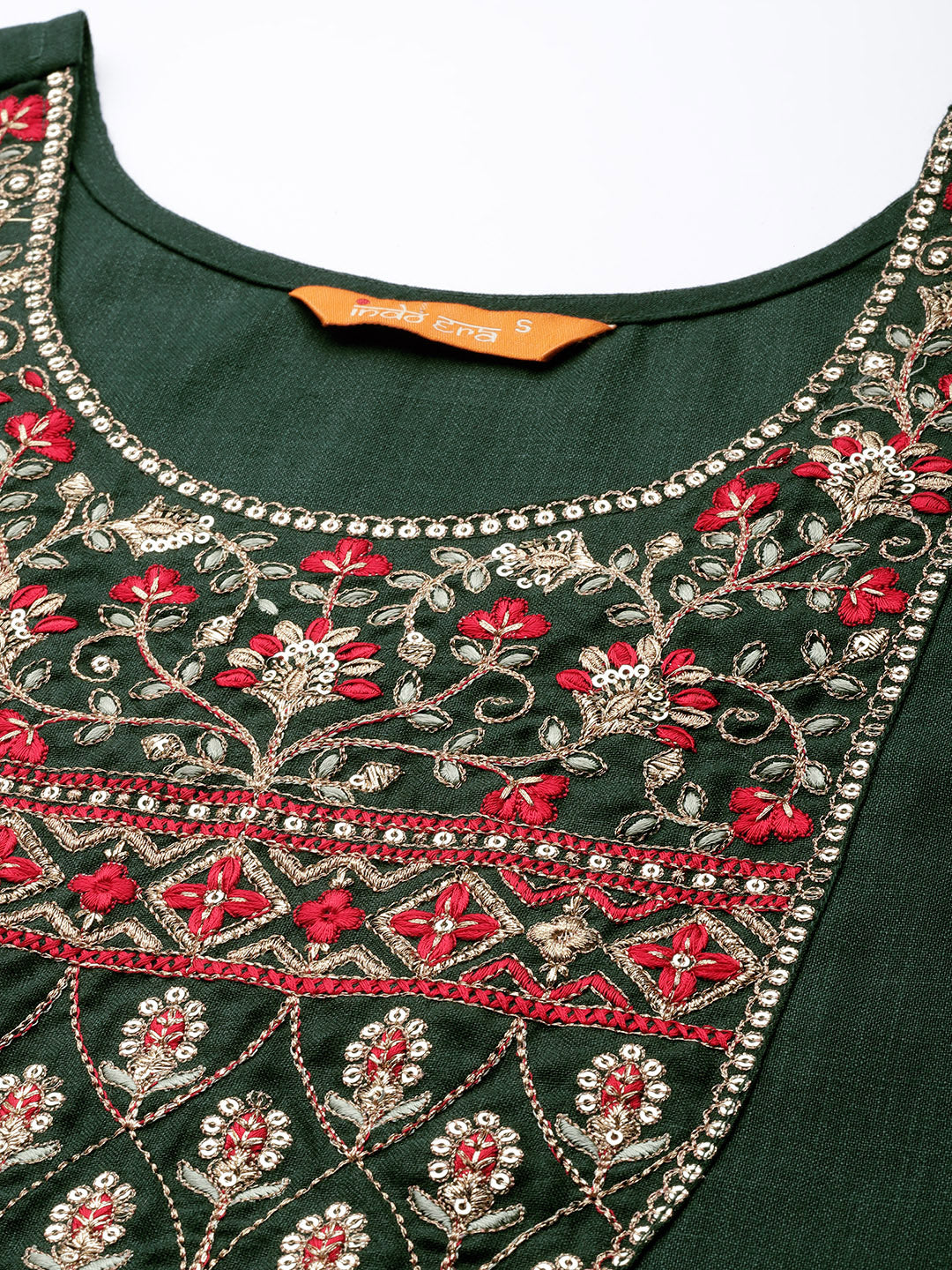 Indo Era Green Solid Straight Kurtas