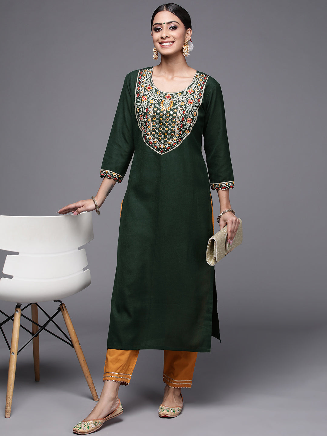 Indo Era Green Solid Straight Kurtas