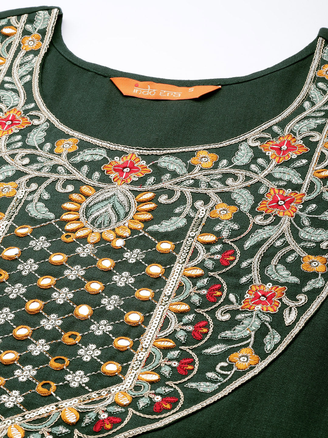 Indo Era Green Solid Straight Kurtas