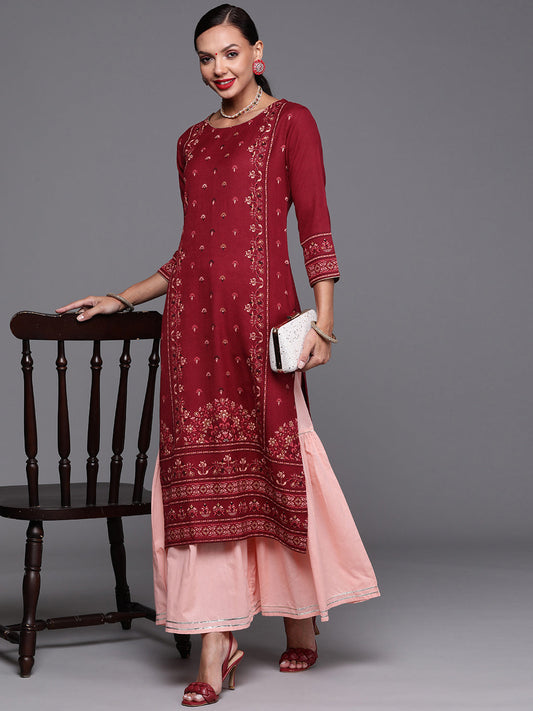 Maroon Foil Printed Straight Kurtas