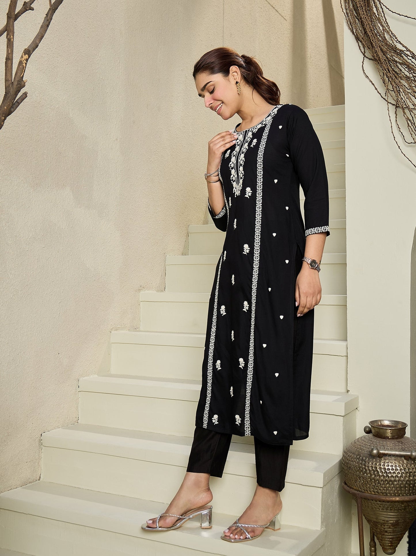 Indo Era Black Embroidered Straight Kurtas