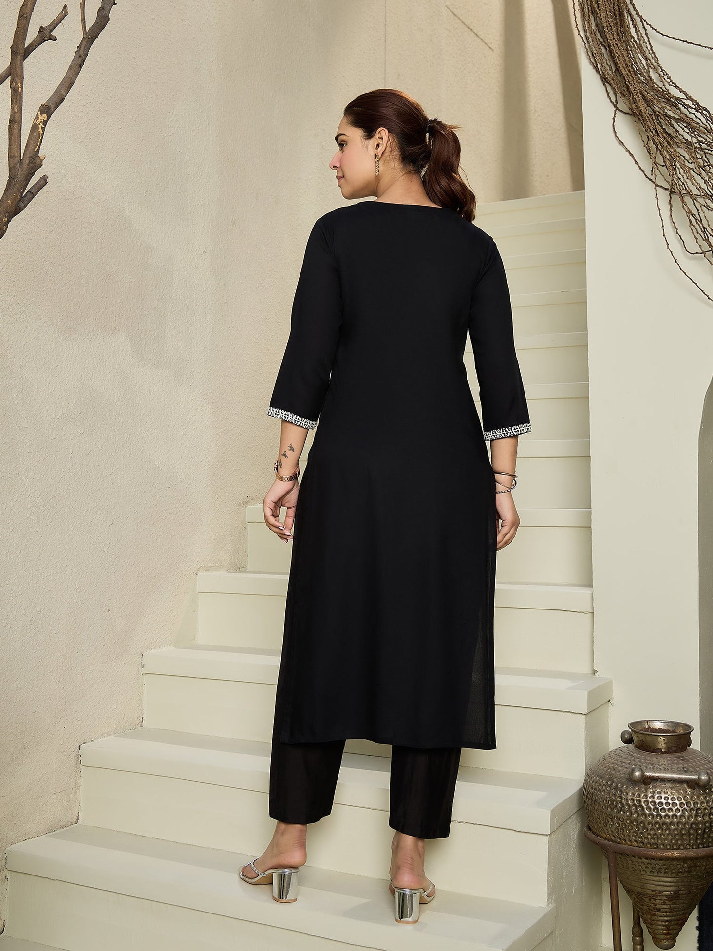 Indo Era Black Embroidered Straight Kurtas