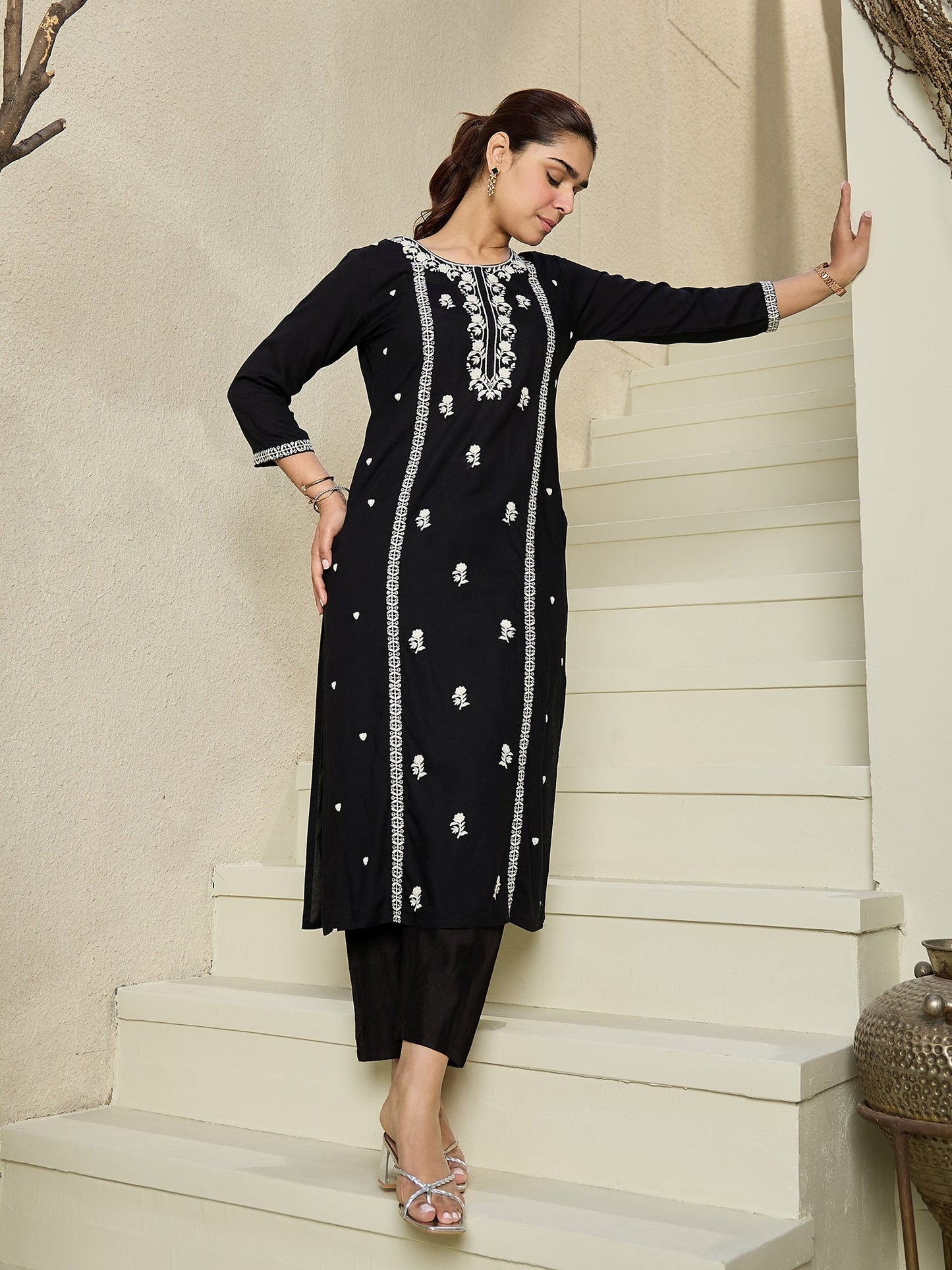 Indo Era Black Embroidered Straight Kurtas
