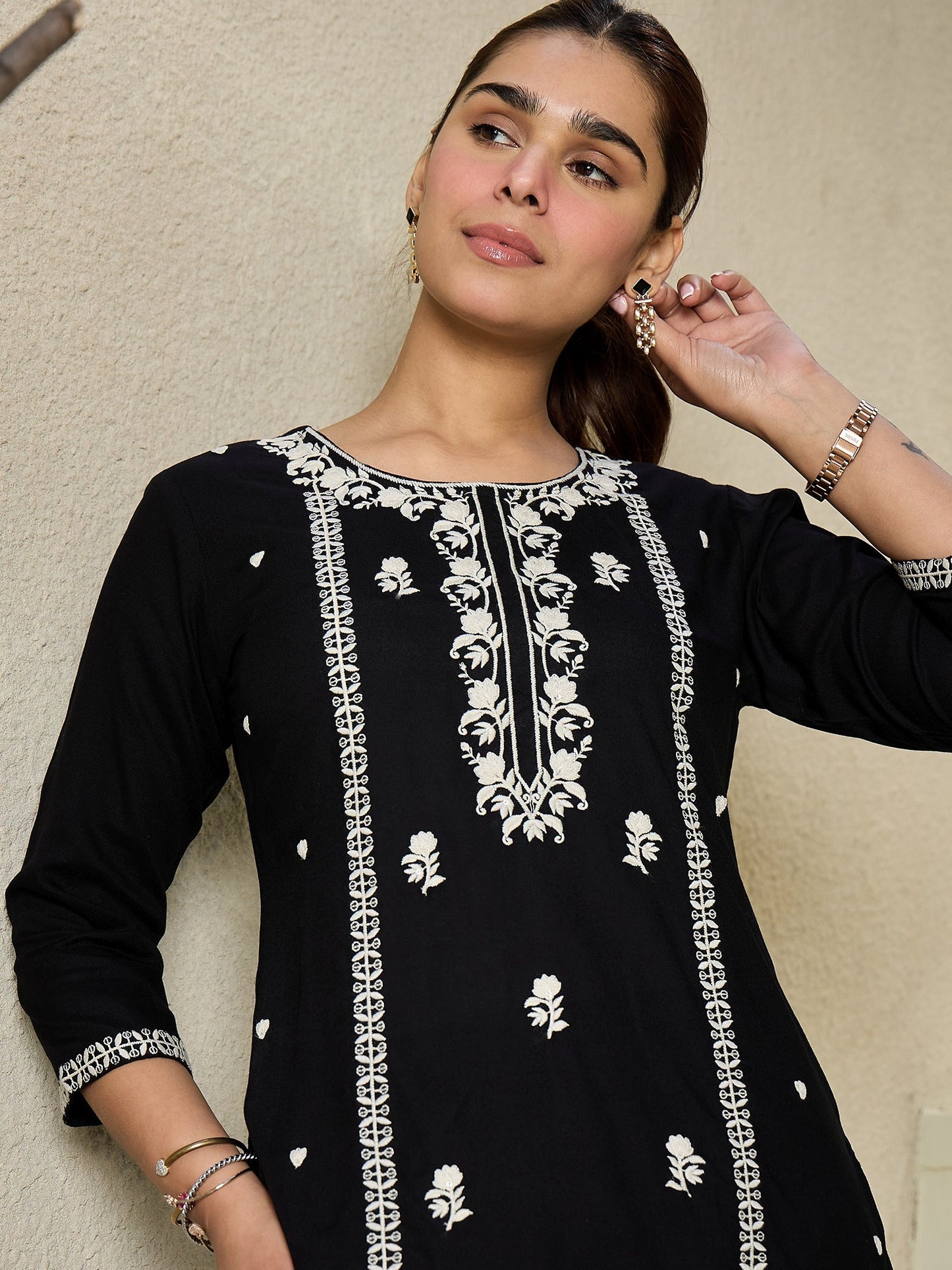 Indo Era Black Embroidered Straight Kurtas