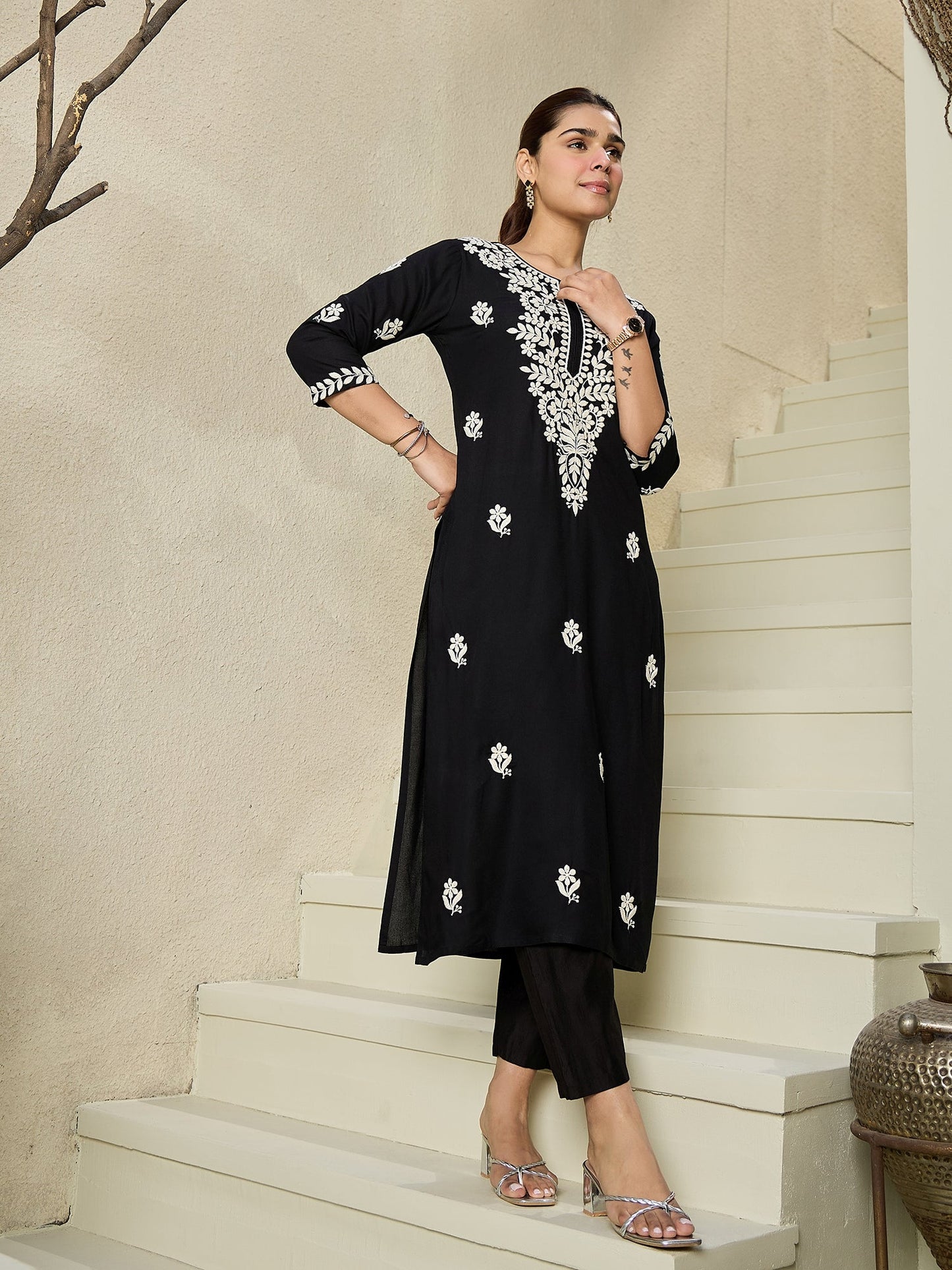 Indo Era Black Embroidered Straight Kurtas