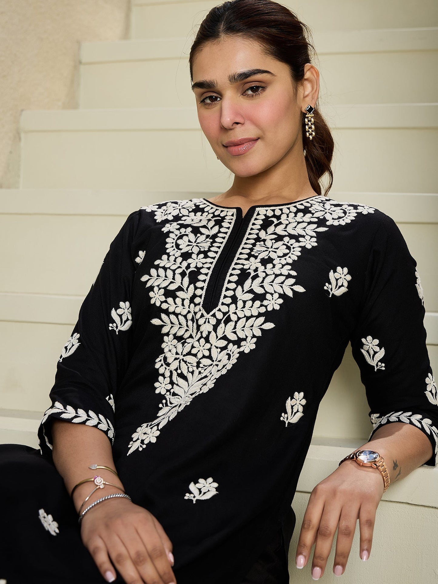 Indo Era Black Embroidered Straight Kurtas