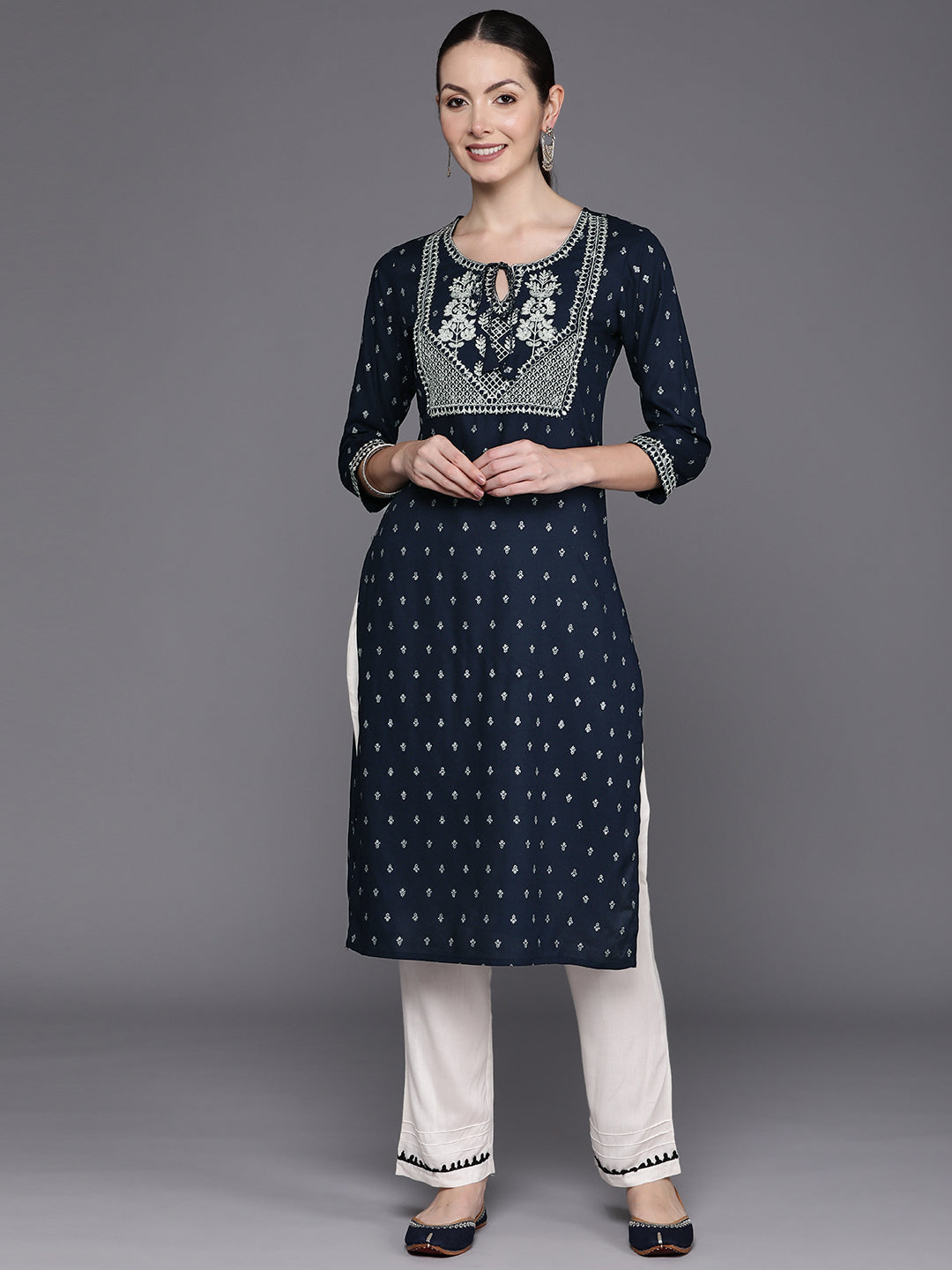 Indo Era Blue Embroidered Straight Kurtas