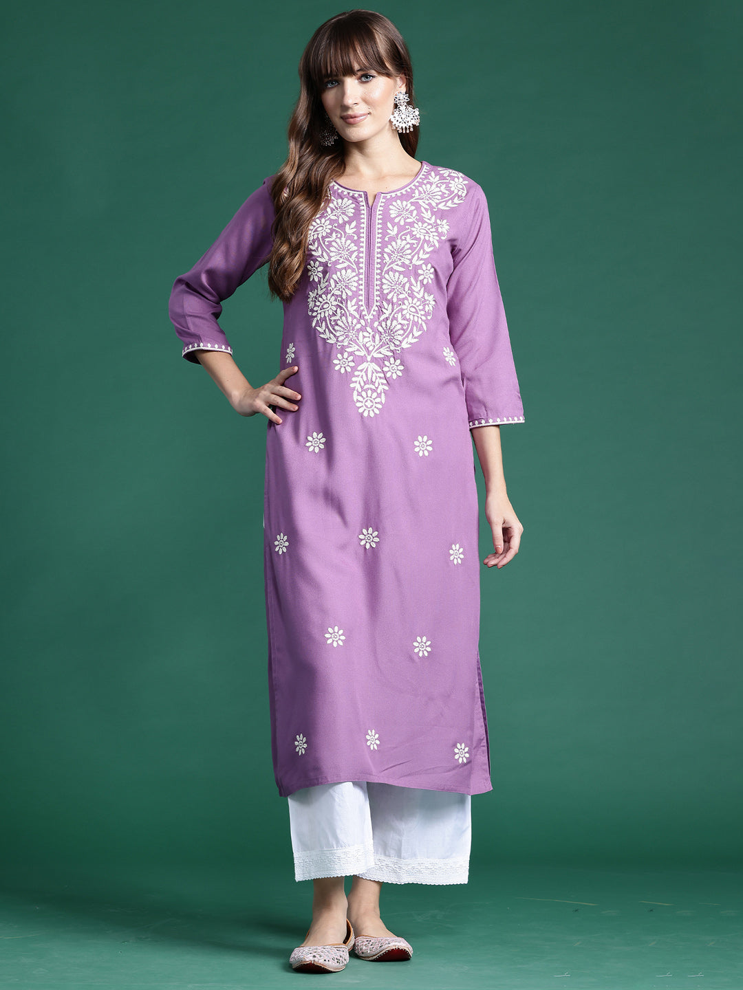 indo era Lavender Embroidered Straight Kurtas