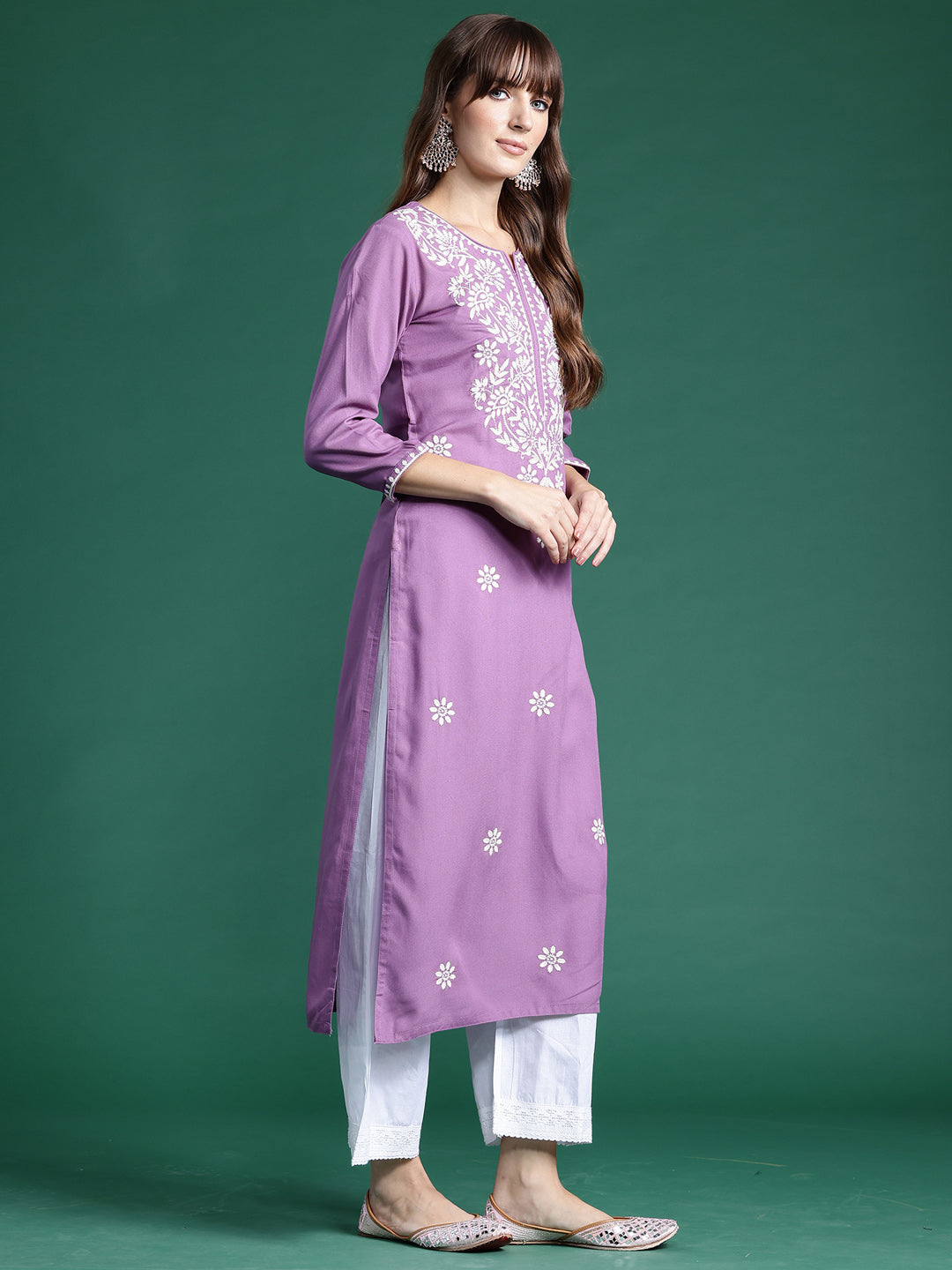 indo era Lavender Embroidered Straight Kurtas