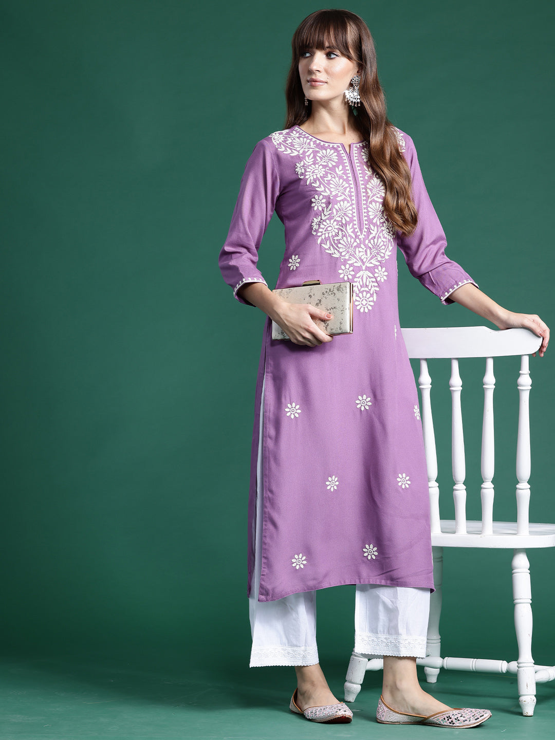 indo era Lavender Embroidered Straight Kurtas