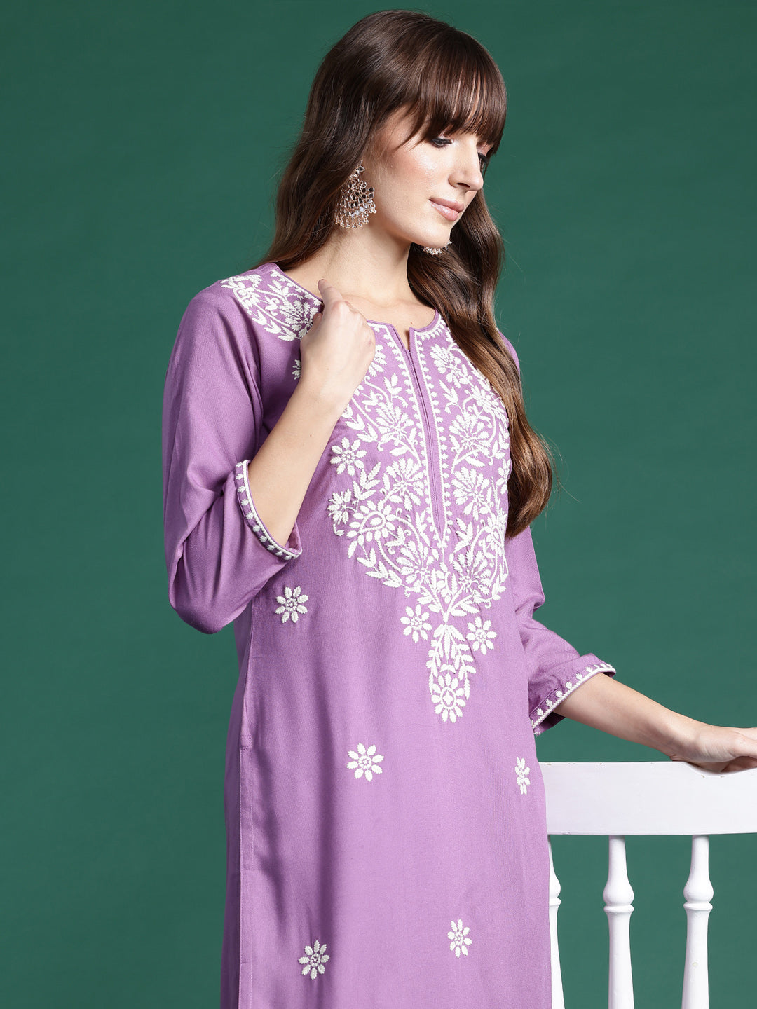 indo era Lavender Embroidered Straight Kurtas