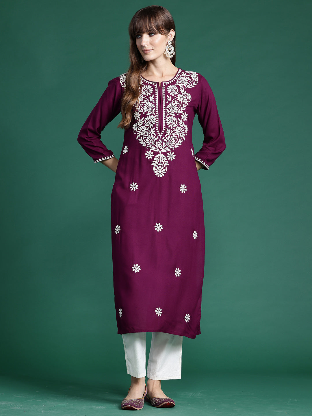 indo era Burgundy Embroidered Straight Kurtas