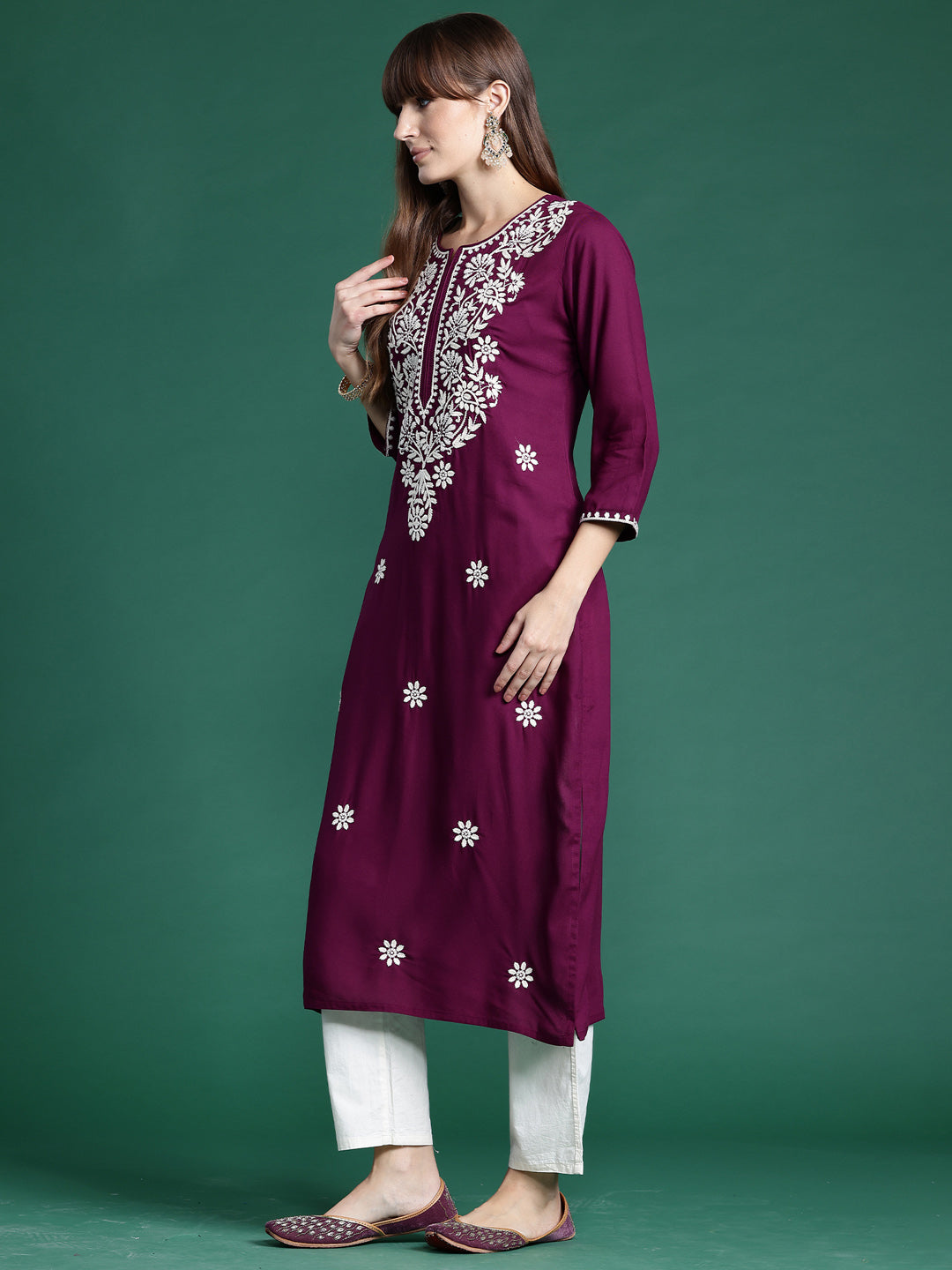 indo era Burgundy Embroidered Straight Kurtas