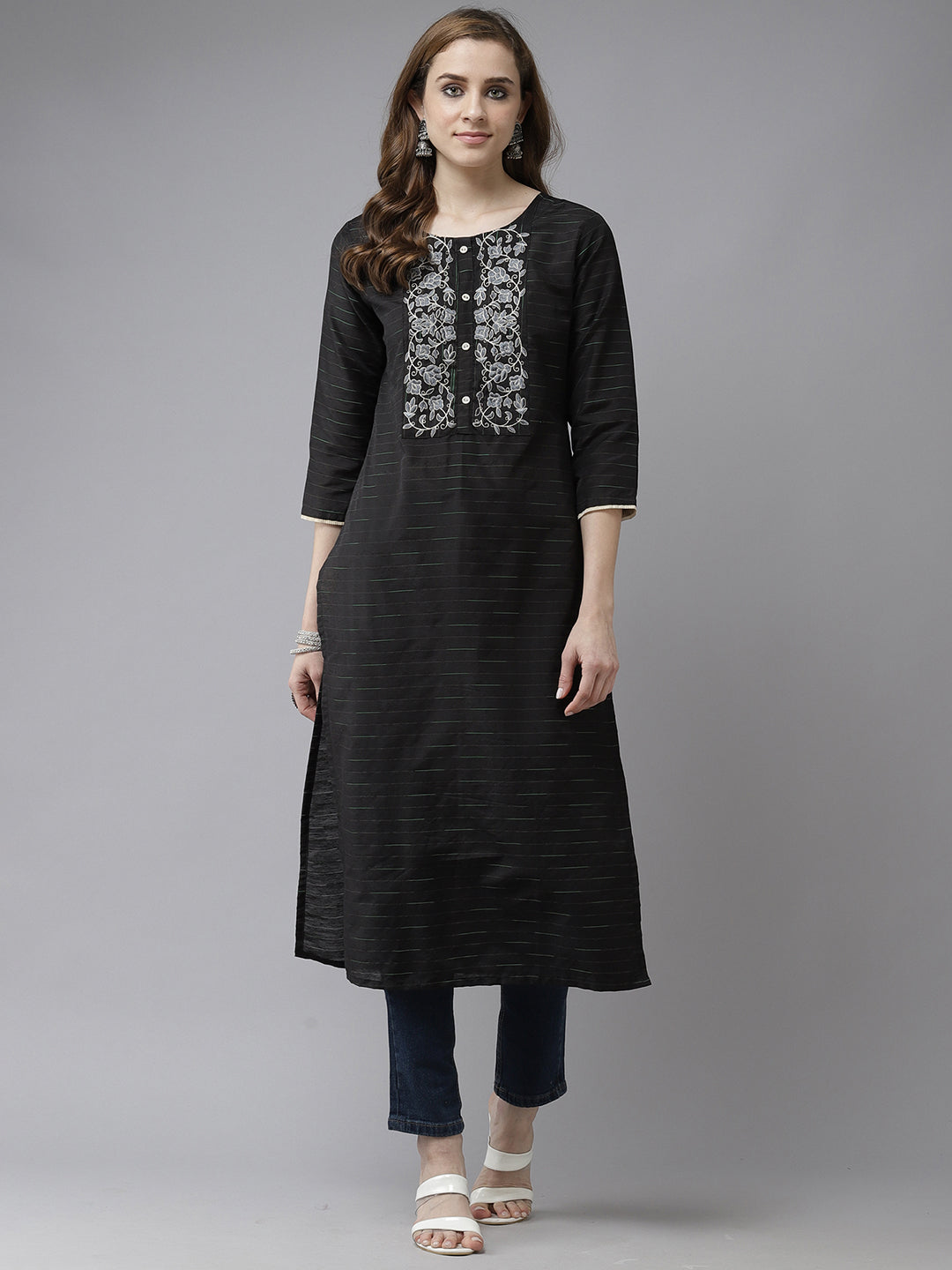 Indo Era Black Embroidered Yoke Straight Kurta