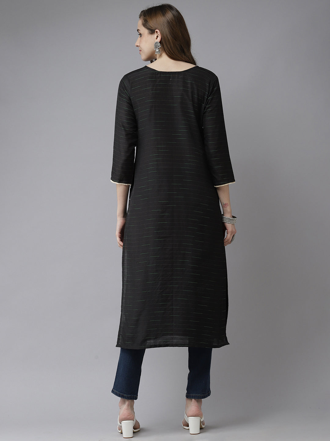 Indo Era Black Embroidered Yoke Straight Kurta