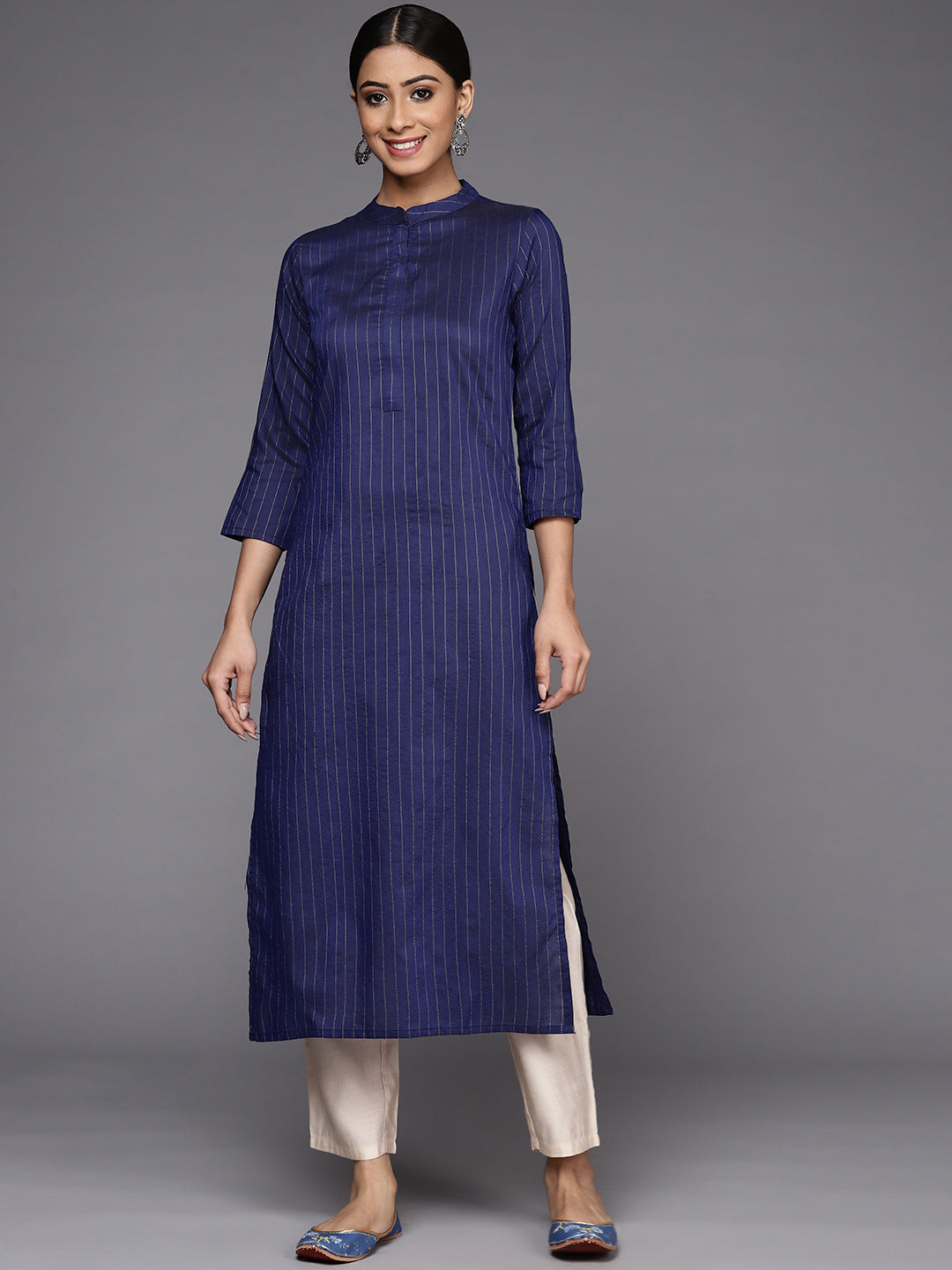 Indo Era Blue Striped Straight Kurta