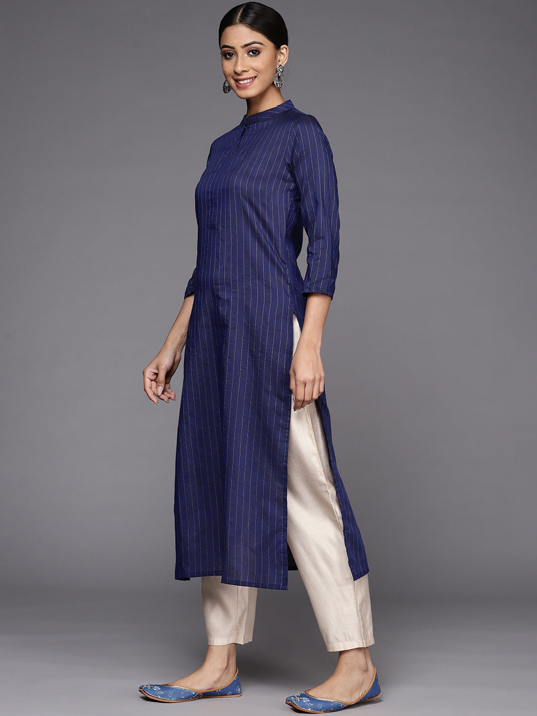 Indo Era Blue Striped Straight Kurta