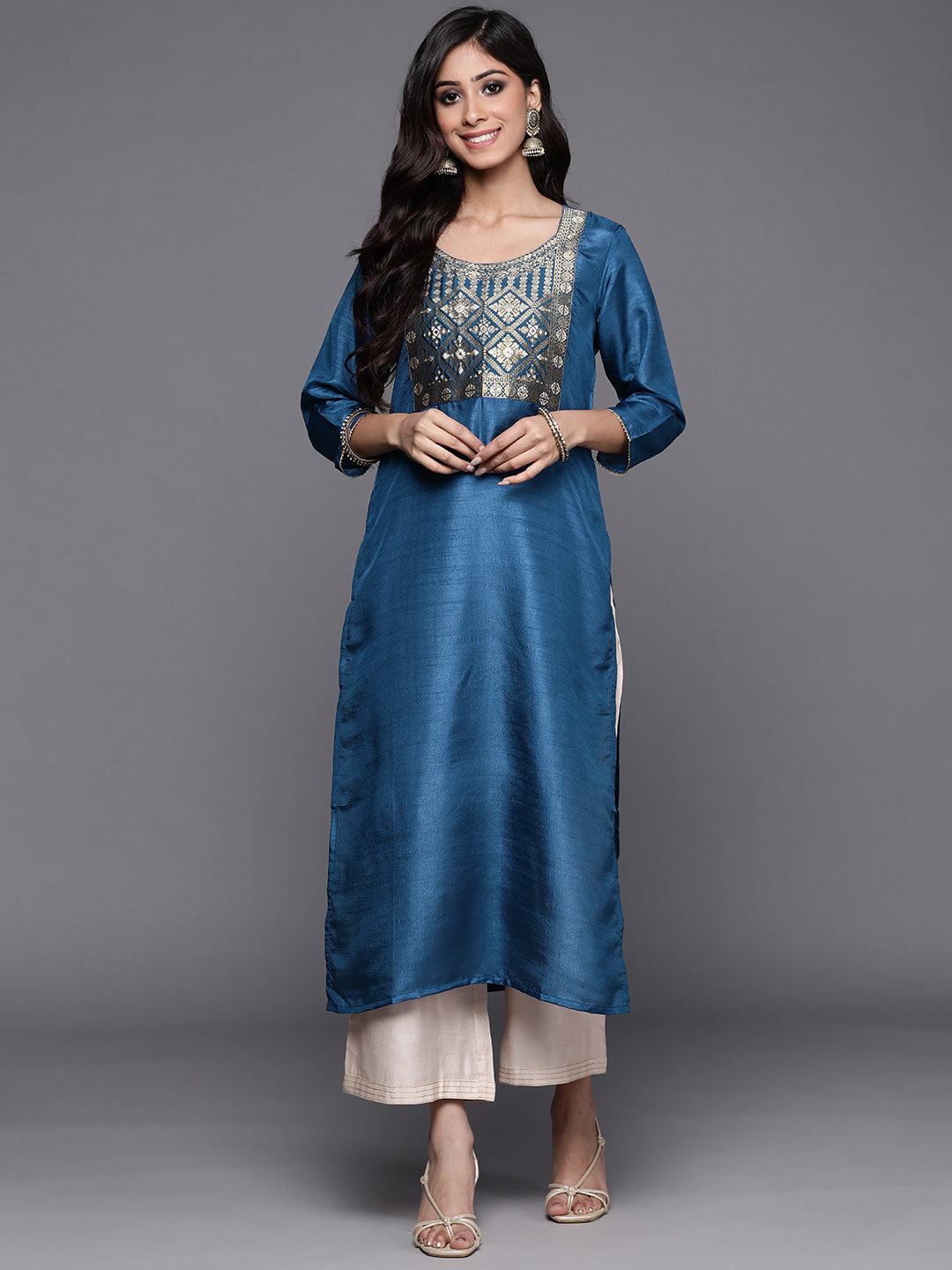 Indo Era Blue Solid Straight Kurta