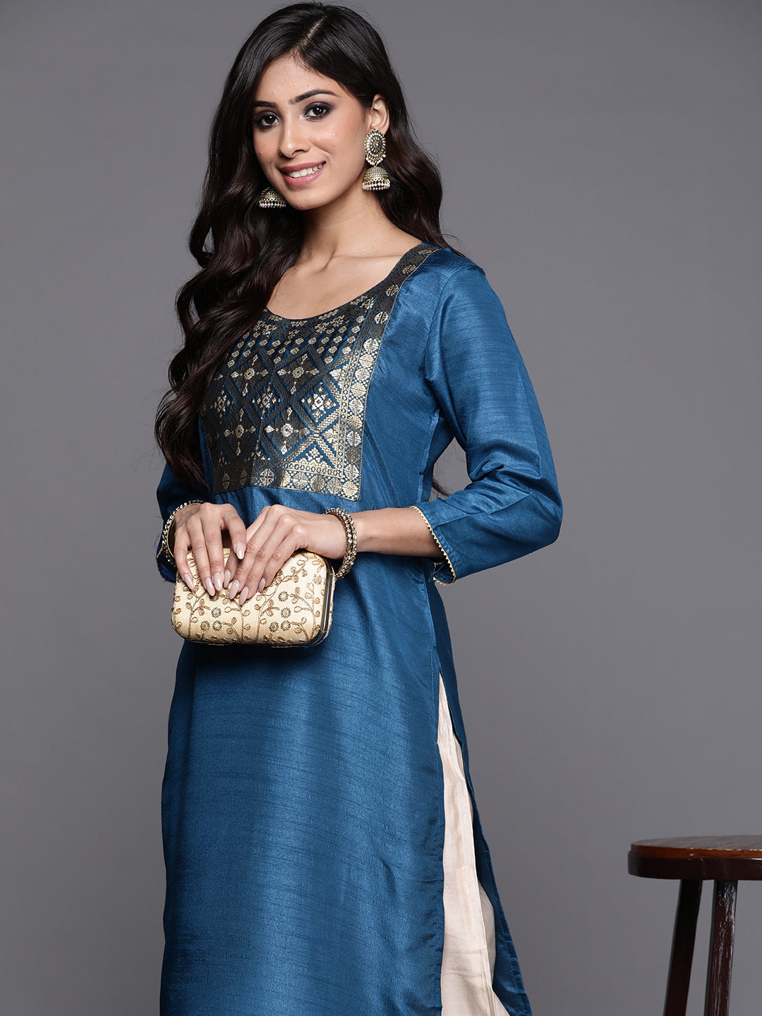 Indo Era Blue Solid Straight Kurta