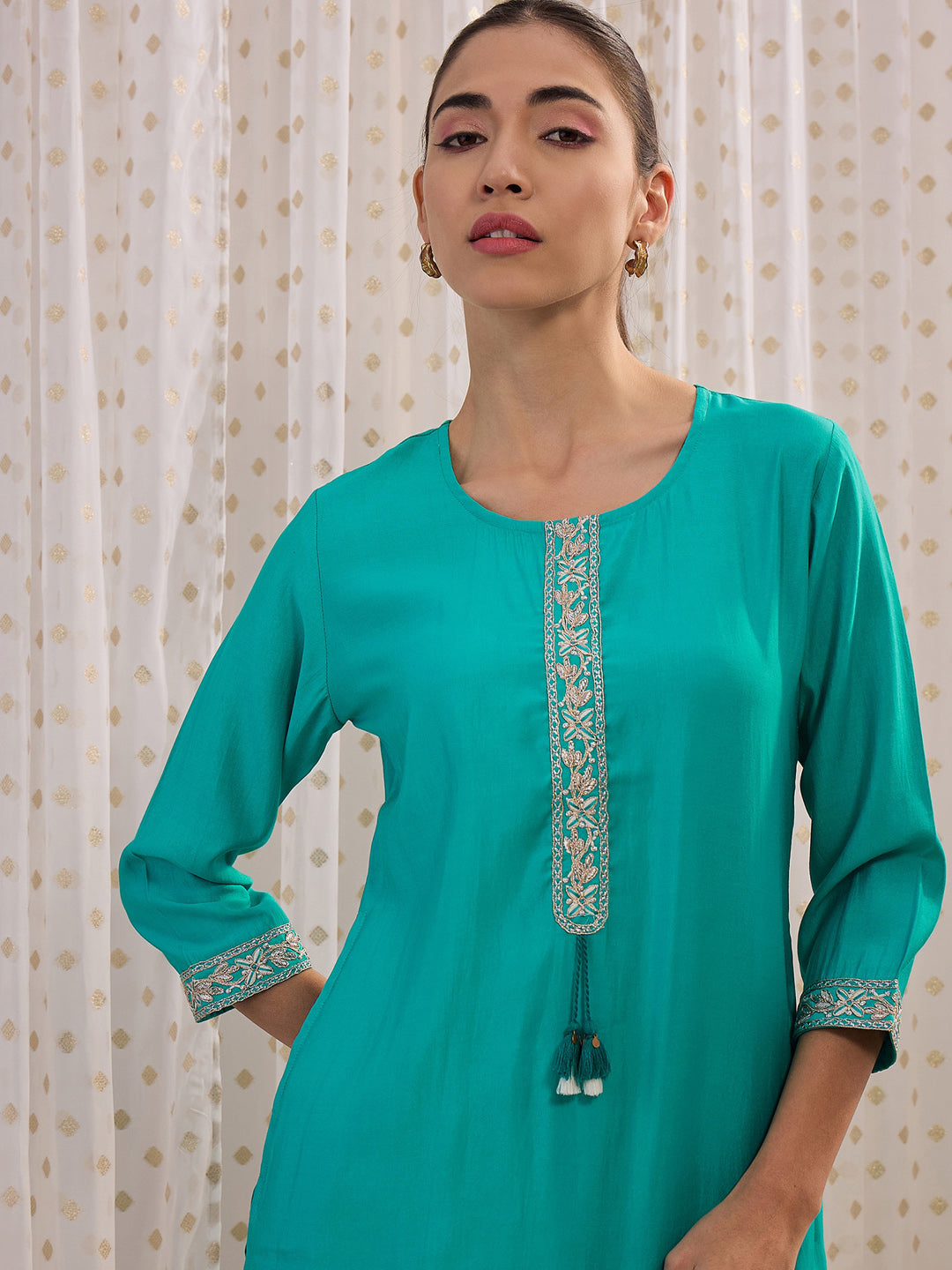 Indo Era Blue Embroidered Straight Kurtas