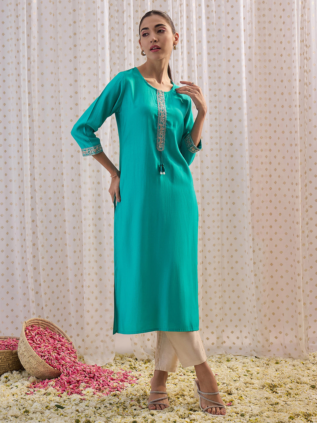 Indo Era Blue Embroidered Straight Kurtas