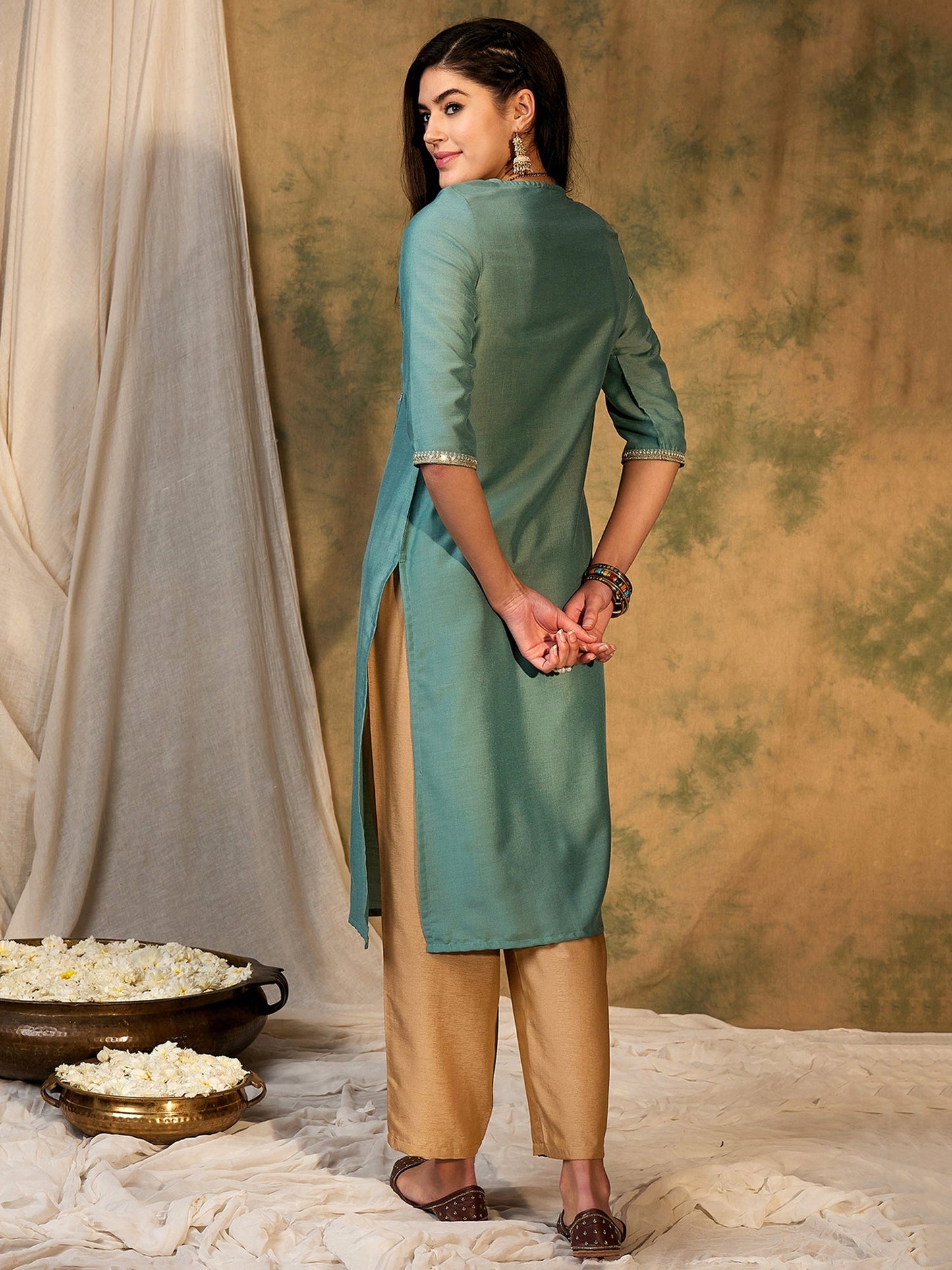 Indo Era Blue Embroidered Straight Kurtas