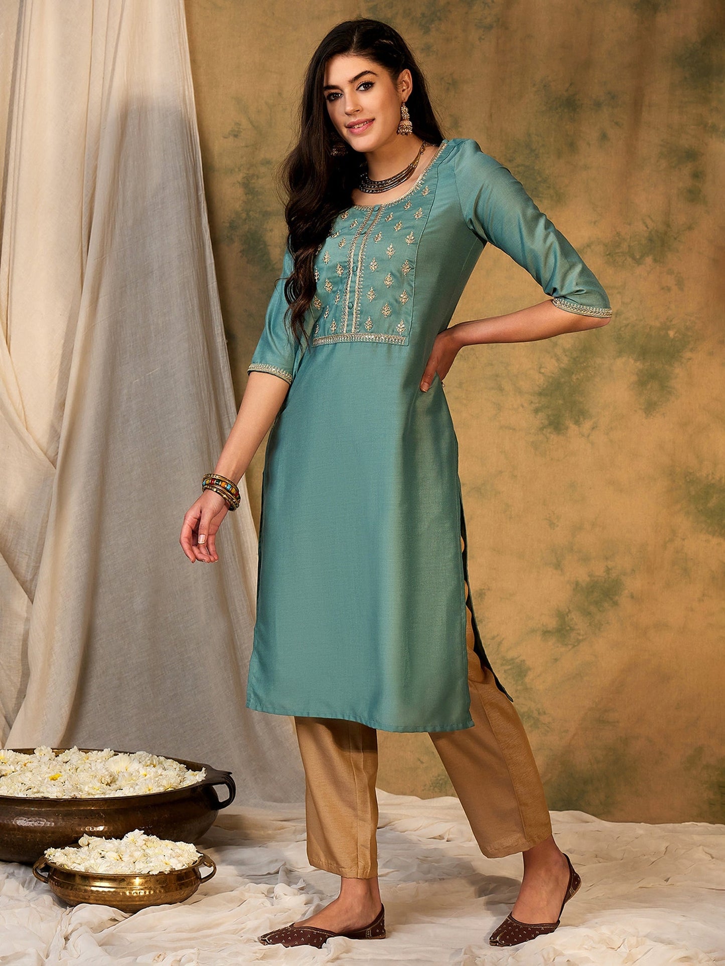 Indo Era Blue Embroidered Straight Kurtas