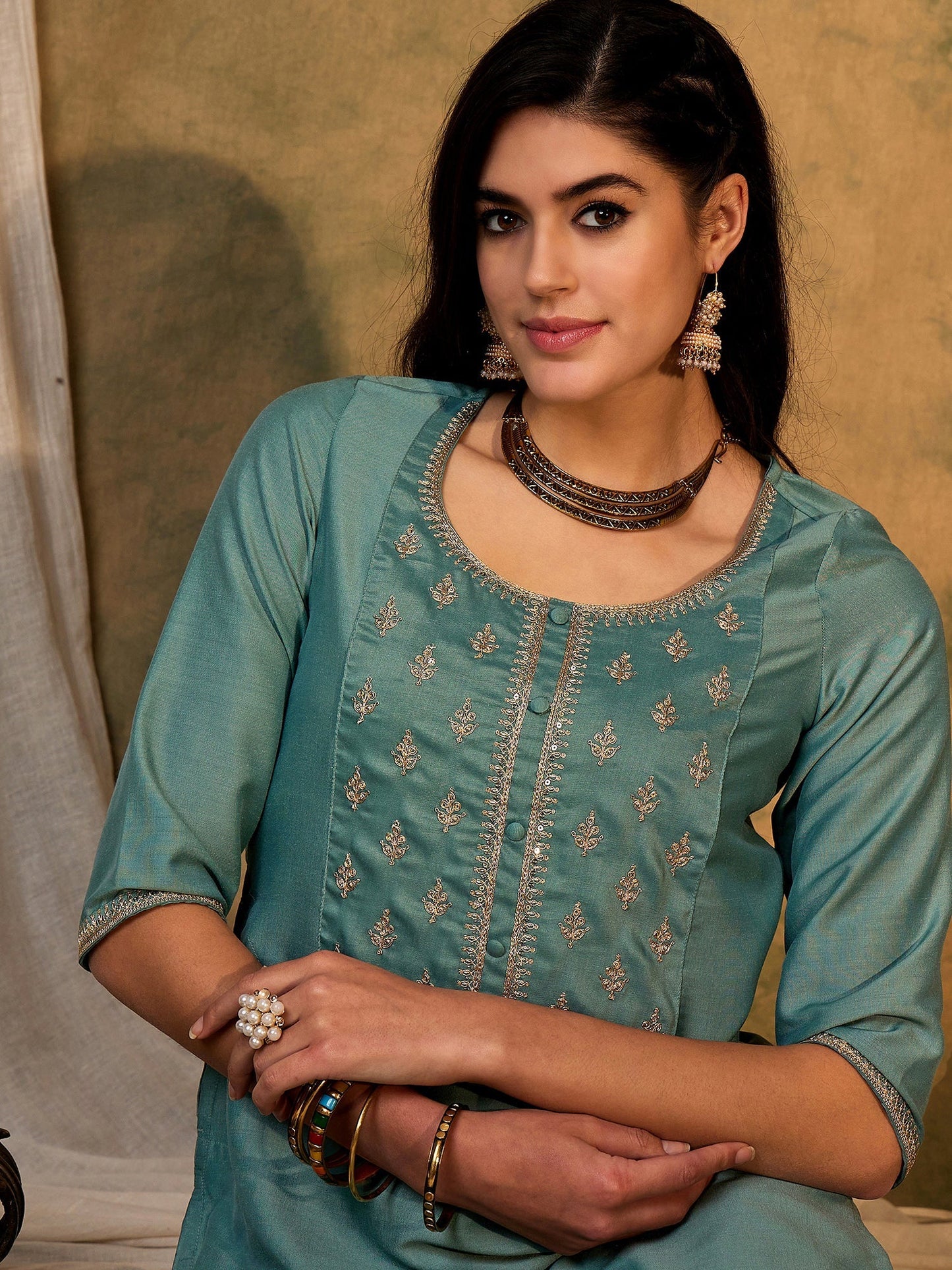Indo Era Blue Embroidered Straight Kurtas