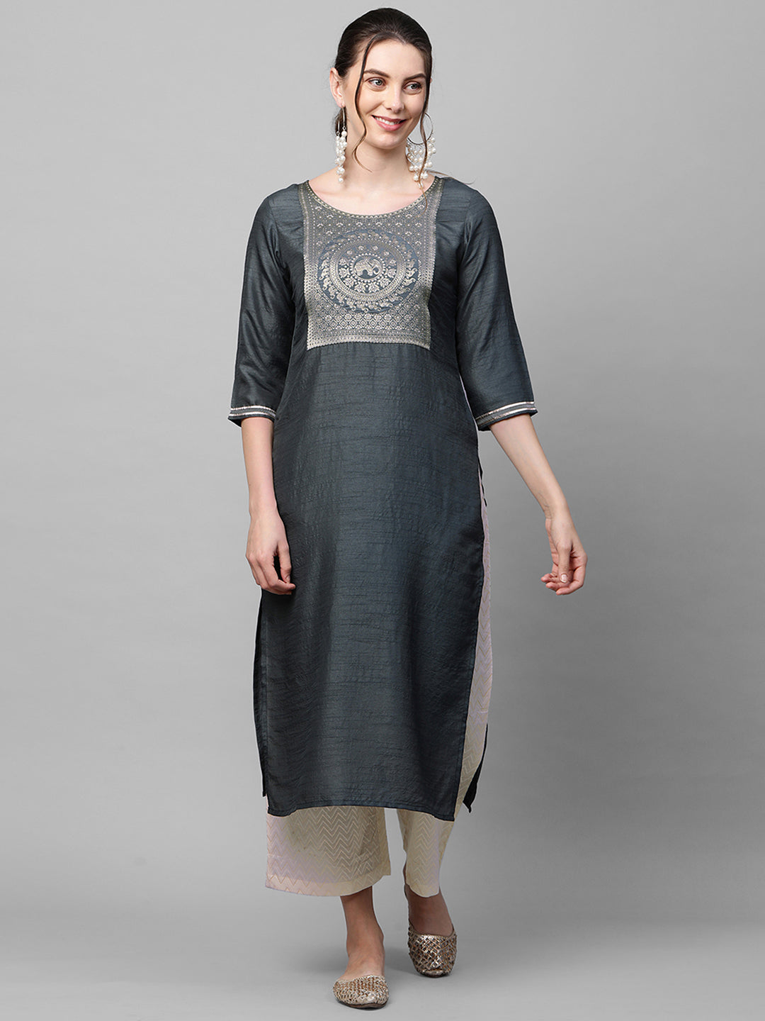 Indo Era Grey Solid Straight Kurta