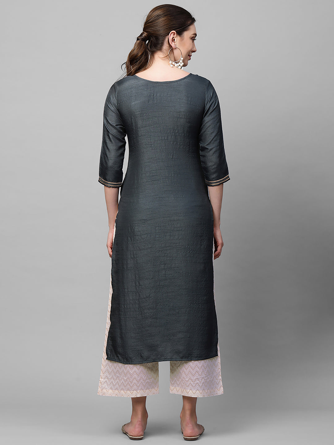 Indo Era Grey Solid Straight Kurta