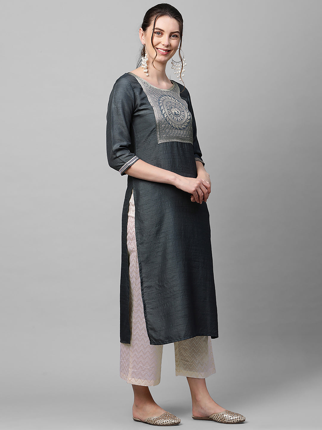 Indo Era Grey Solid Straight Kurta