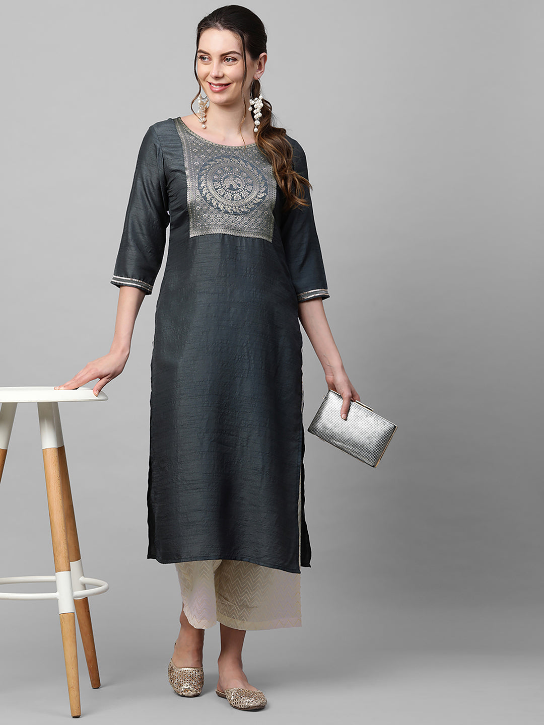 Indo Era Grey Solid Straight Kurta