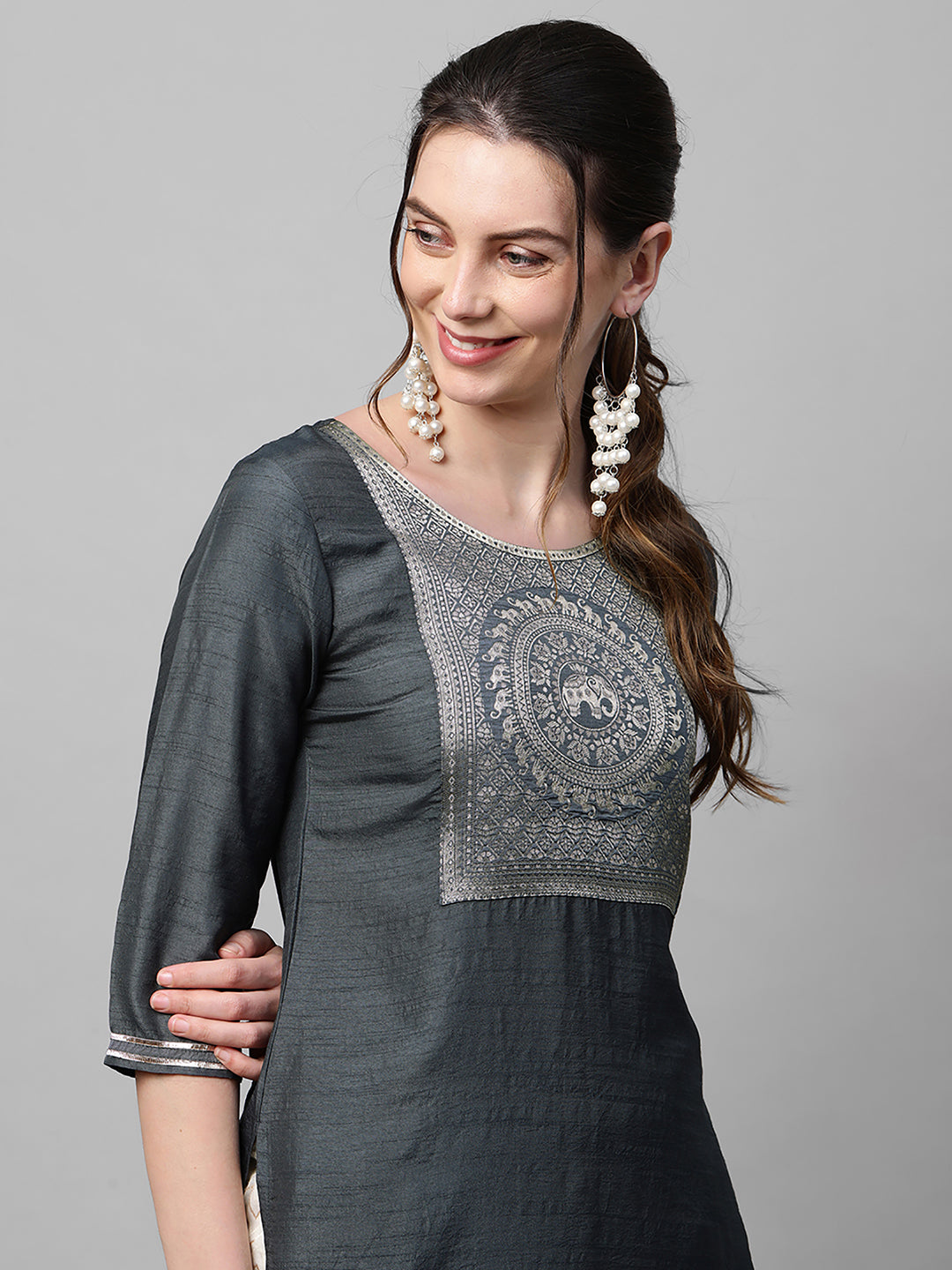 Indo Era Grey Solid Straight Kurta