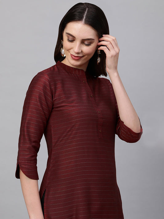 Maroon Striped Straight Kurta