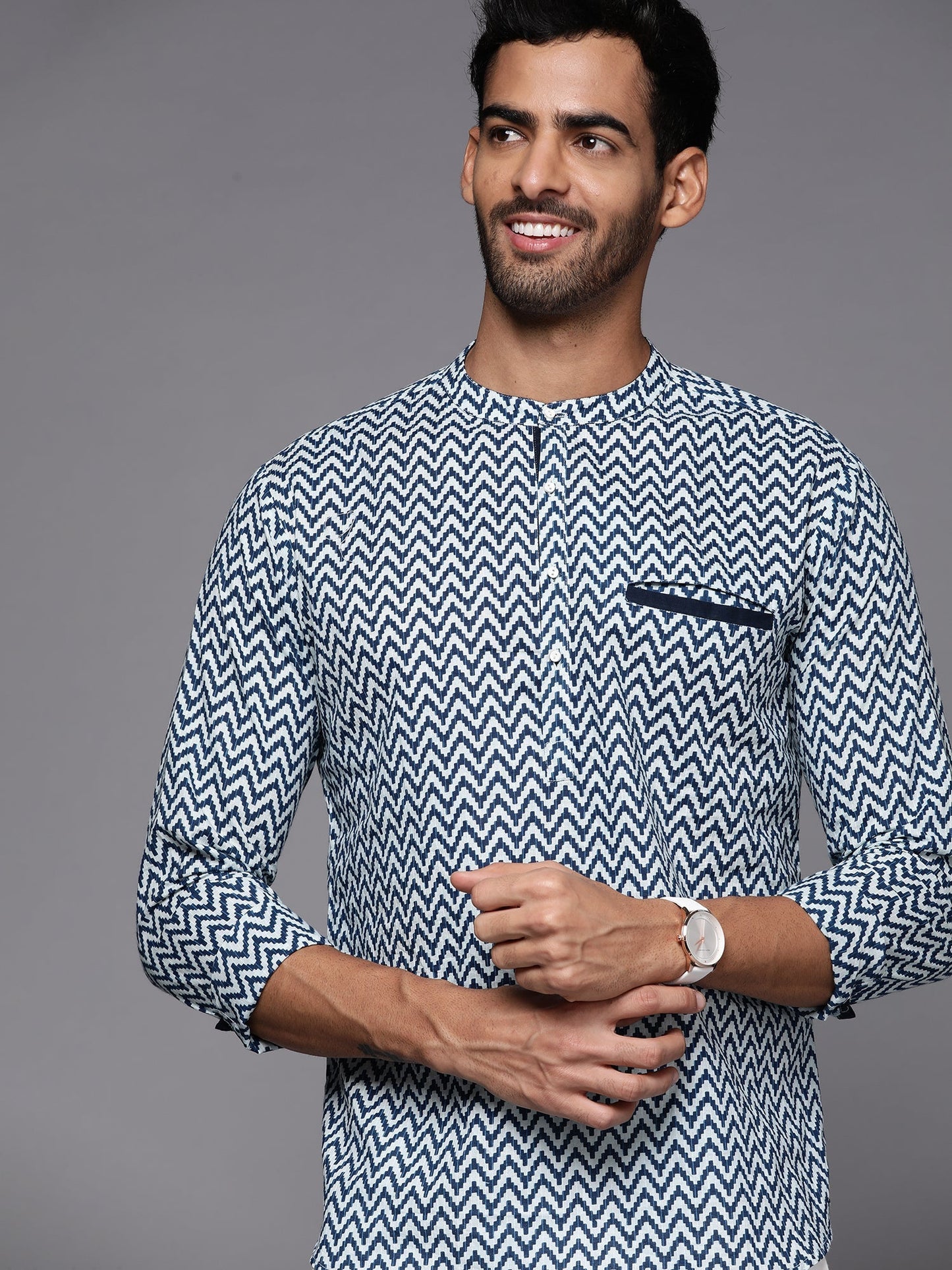 Indo Era Blue Chevron Cotton Straight Kurtas