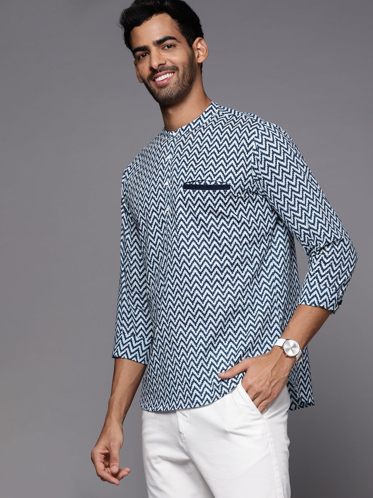 Indo Era Blue Chevron Cotton Straight Kurtas