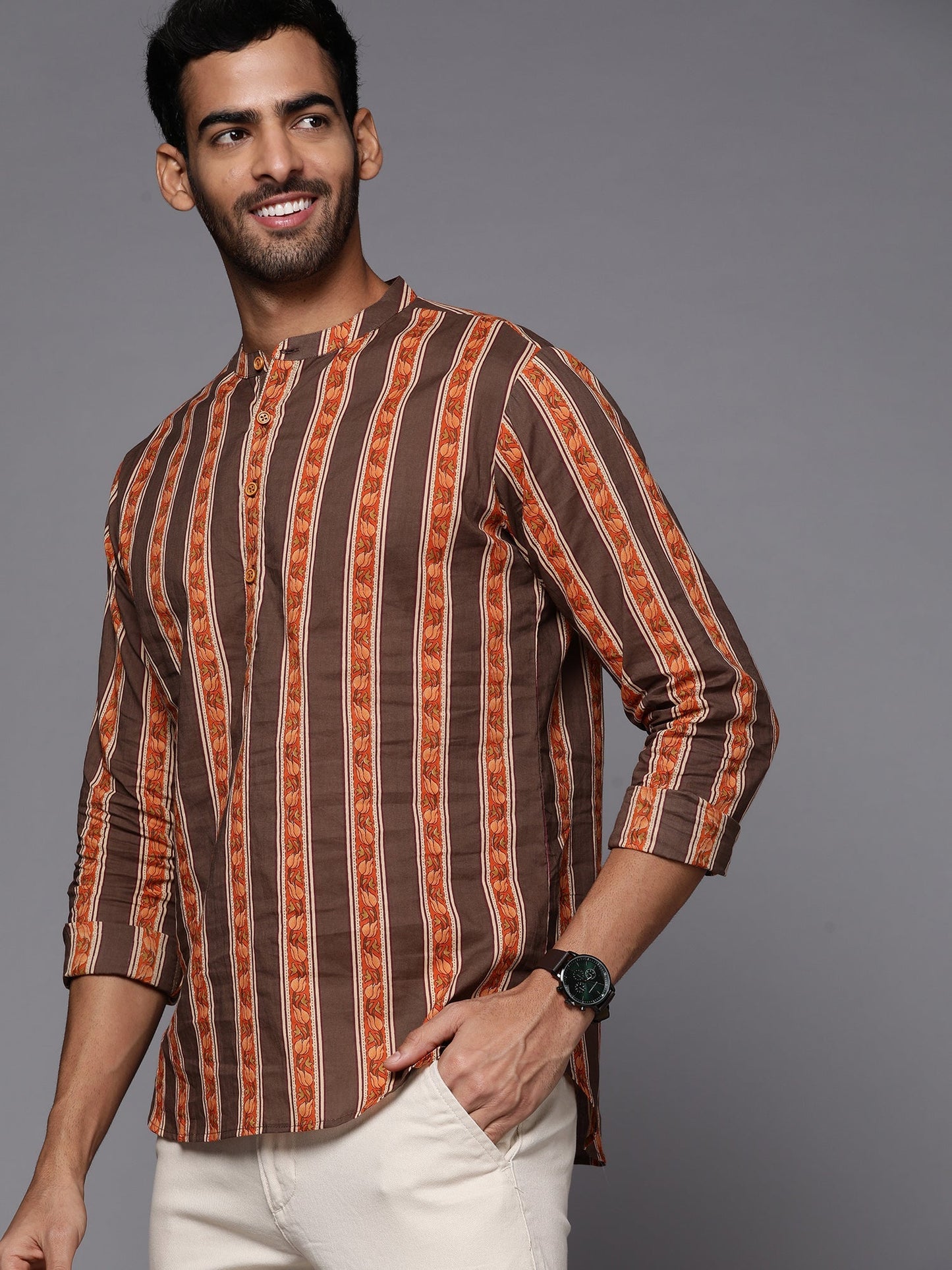 Indo Era Brown Striped Cotton Straight Kurtas