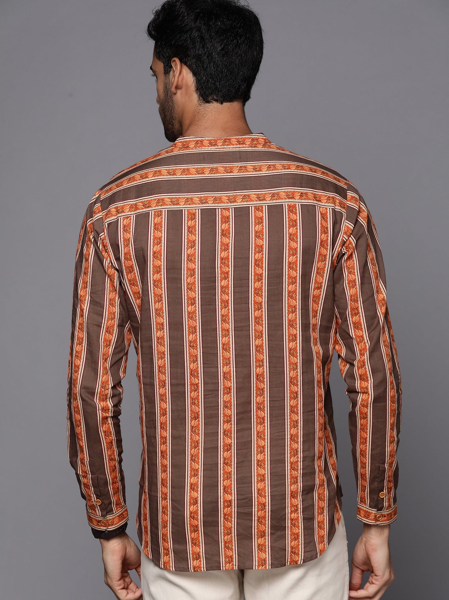 Indo Era Brown Striped Cotton Straight Kurtas